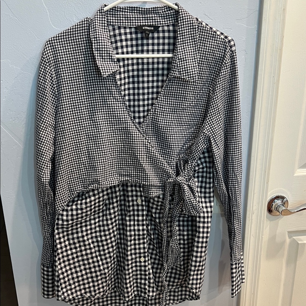 Express Black and White Gingham Wrap Blouse